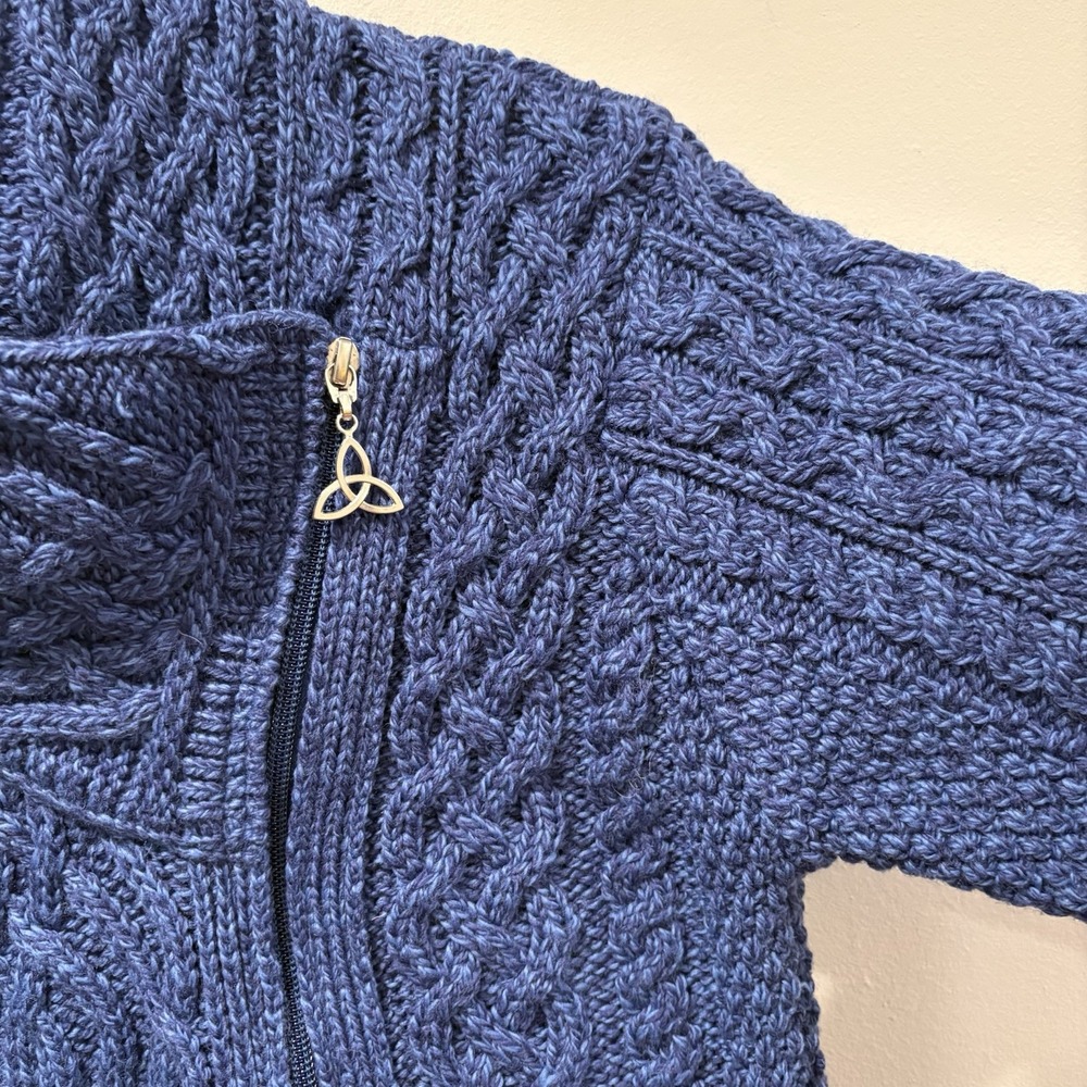 Aran Crafts 100% Merino Wool Cable Knit Side Zip Jacket Cardigan Women's S Blue - Picture 4 of 11
